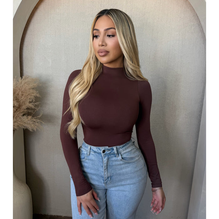 Ela Mock Neck Long Sleeve Bodysuit (Brown)