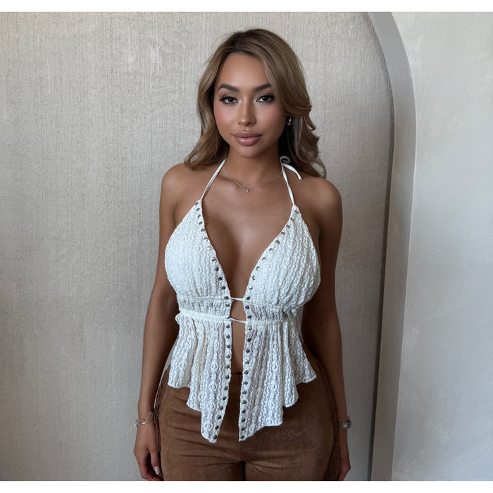 Evelyn Lace Halter Top W Metallic Studs (Ivory)