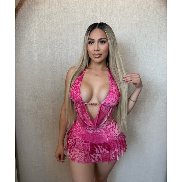 Corina Halter Top & Ruffle Mini Skirt Set (Pink)