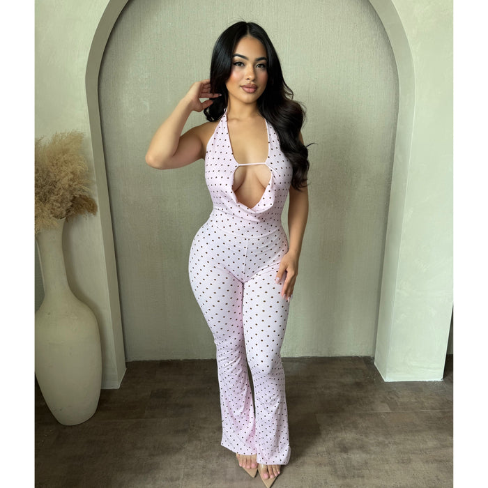 Stacy Halter Open Front Jumpsuit (Pink/Brown)