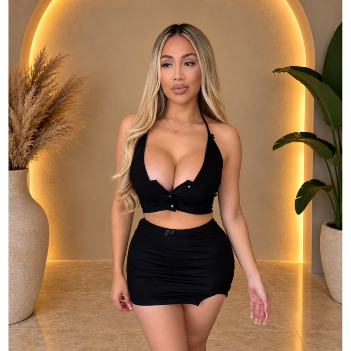 Kathy 2 Piece Halter Top & Skirt (Black)