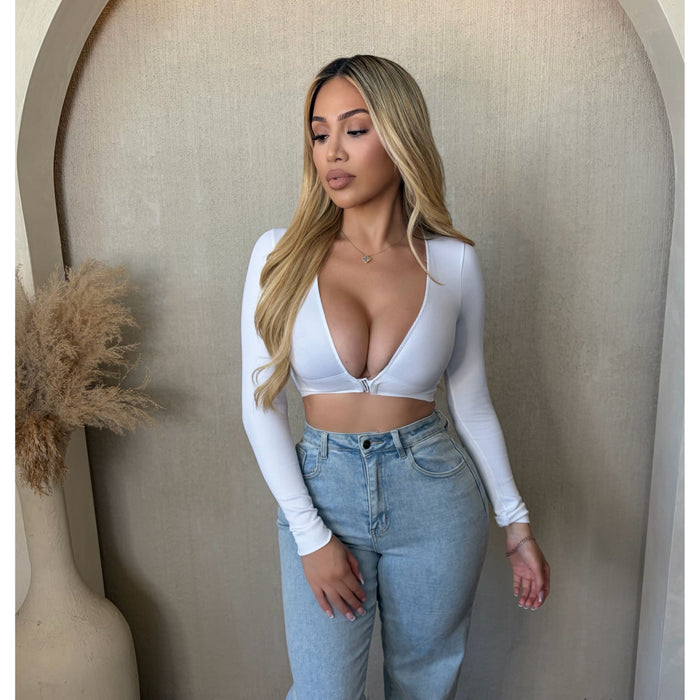 Veronica V neck Rib Long Sleeve Top (White)