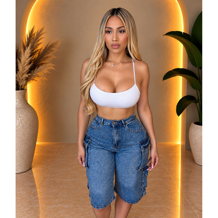 Vanessa Bedazzled Long Denim Shorts (Med Wash)
