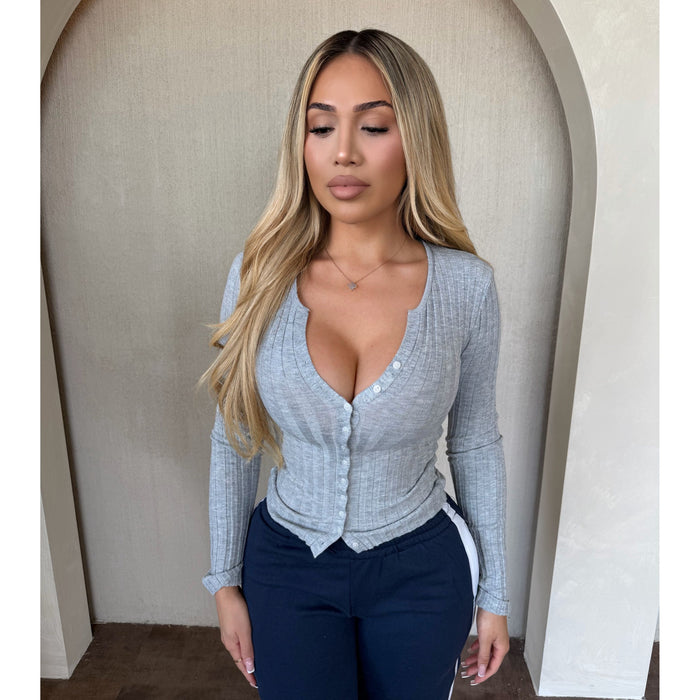 Helena Knit Button Up Sweater ( Heather Grey )