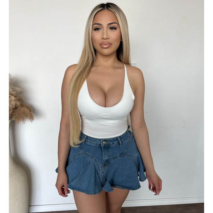 Leah Front Zipper Flared Mini Skirt (Light Denim)