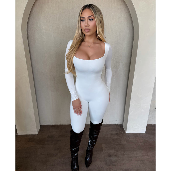 Crystal Square Neck Long Sleeve Jumpsuit (White)