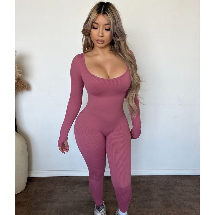 Mia Fitted Snatched Ribbed Long Sleeve Jumpsuit (Soft Mulberry)