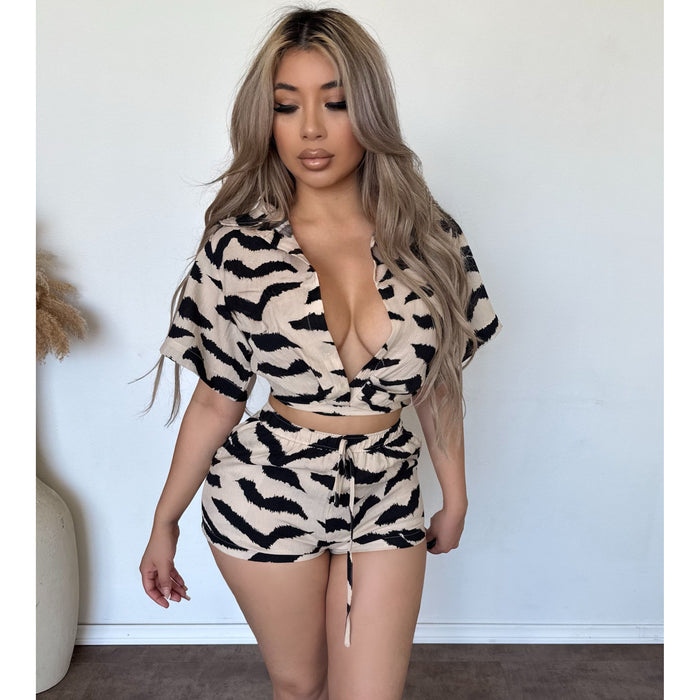 Violet Zebra Shirt & Shorts Set (Taupe/Black)