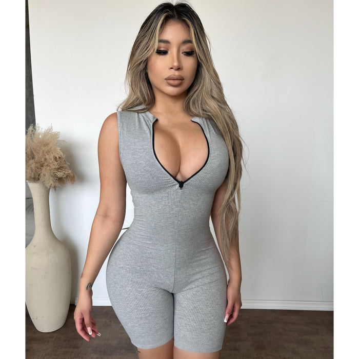Melissa Zip Up Neck Romper (H Grey)