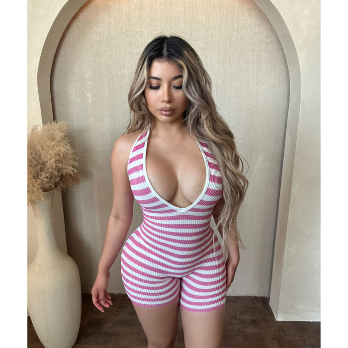 Jess Stripe Halter Neck lace Up Romper (White/Pink)