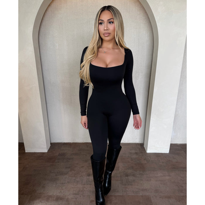 Crystal Square Neck Long Sleeve Jumpsuit (Black)