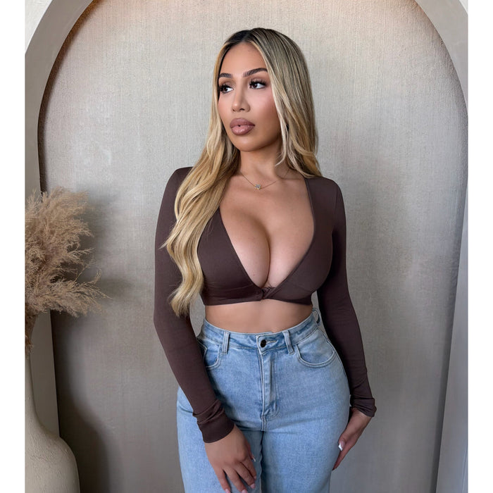 Veronica V neck Rib Long Sleeve Top (Brown)