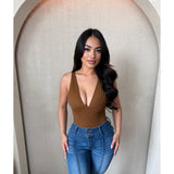 Stephanie Deep V Neck Bodysuit (Brown)