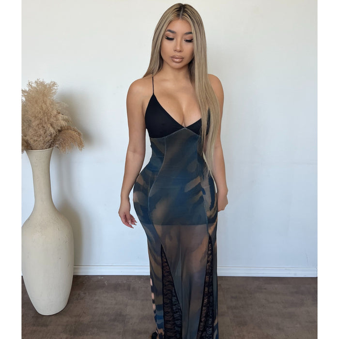 Leyla Midi Mesh Dress W Side Lace (Animal Combo)