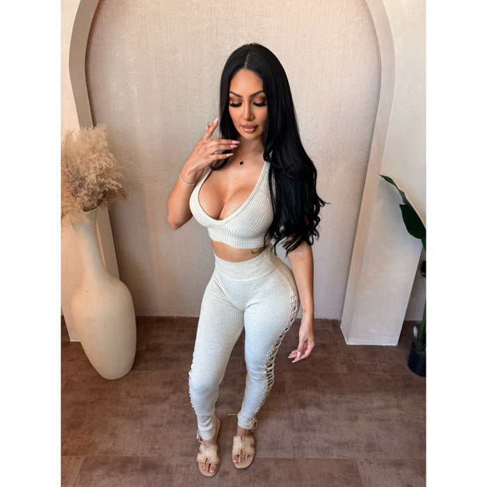 Elena Side Lace Up Pants W halter Top (Oatmeal)