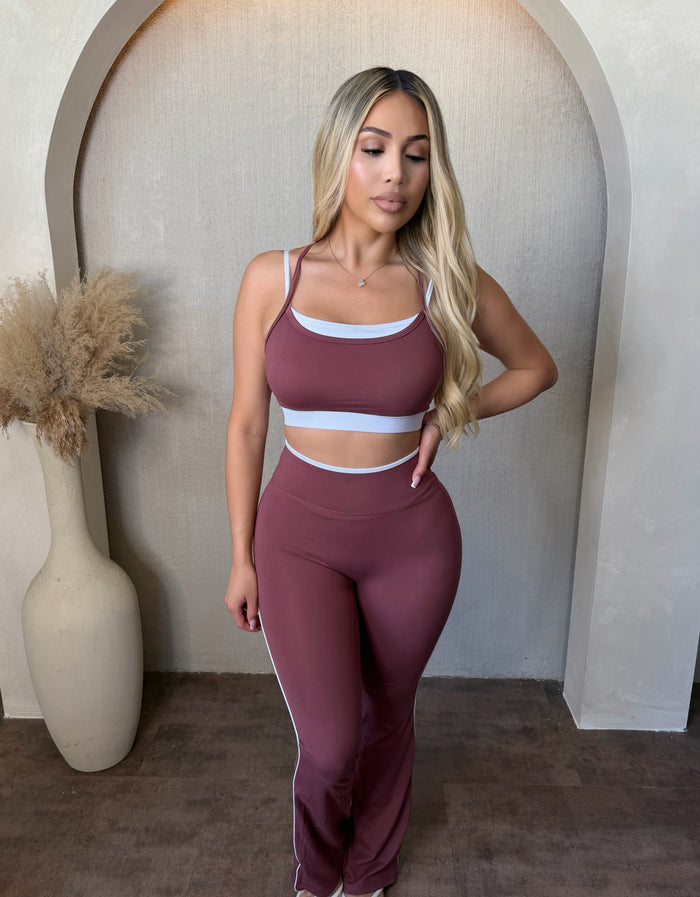 Priscilla Contrast Double Strap Sports Bra (Rosewood)