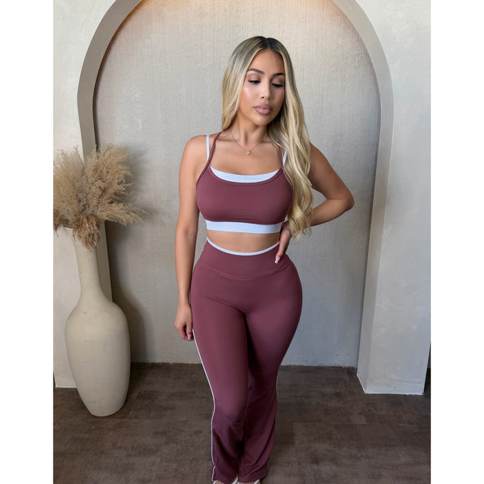 Priscilla Contrast Double Strap Sports Bra (Rosewood)