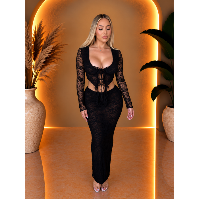 Layla 2 Piece Ruffle Long Sleeve Lace Matching Set (Black)