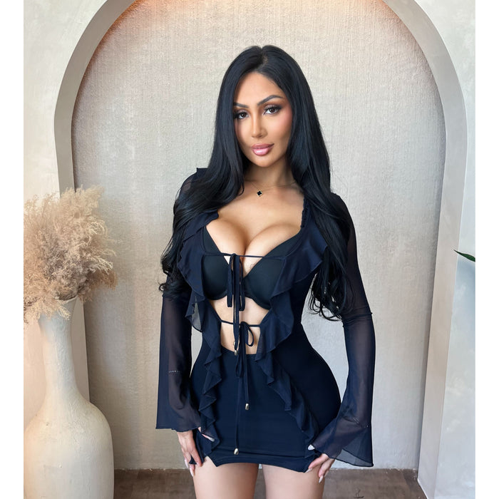 Jessica Long Sleeve Ruffled Dress (Black)