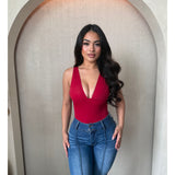 Stephanie Deep V Neck Bodysuit (Red)