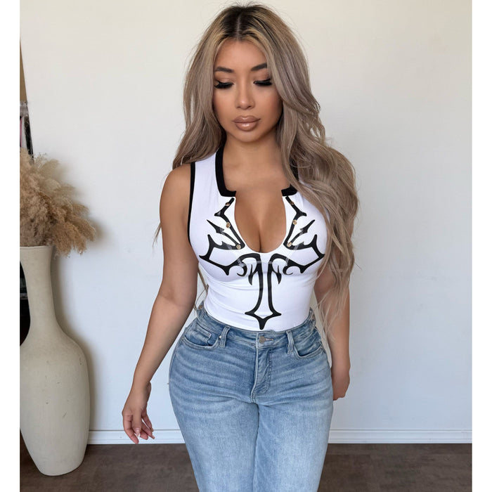 Rina Deep V Neck Eyelet Top (White)