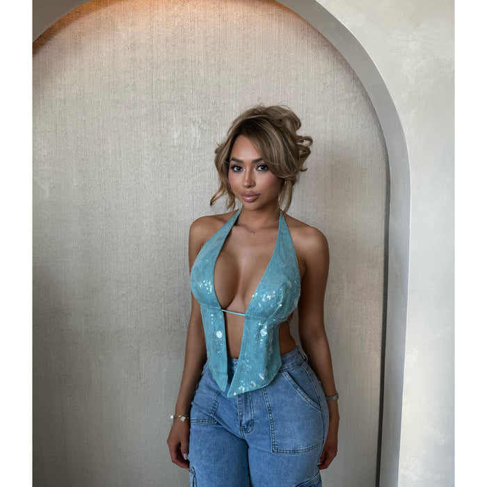 Ash Open Back Sequins Top (Teal)