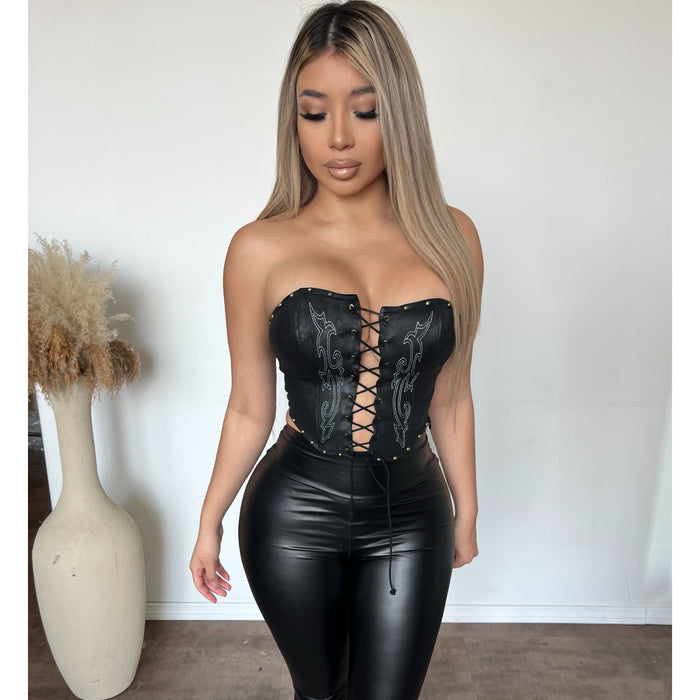 Elena Tie Front Corset Top (Black)