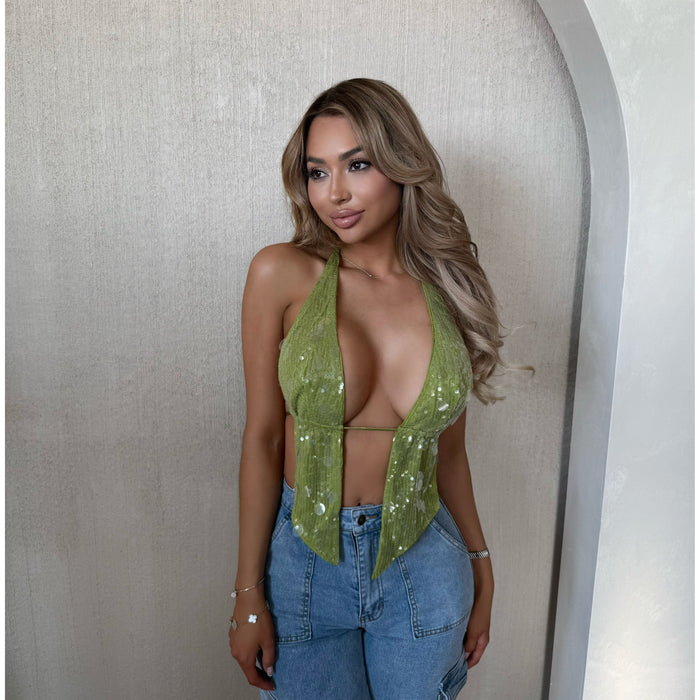 Ash Open Back Sequins Top (Chartreuse)