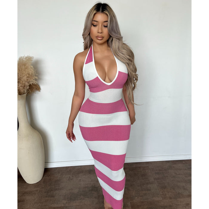 Cindy Halter Neck Big Stripe Long Dress (White/Pink)
