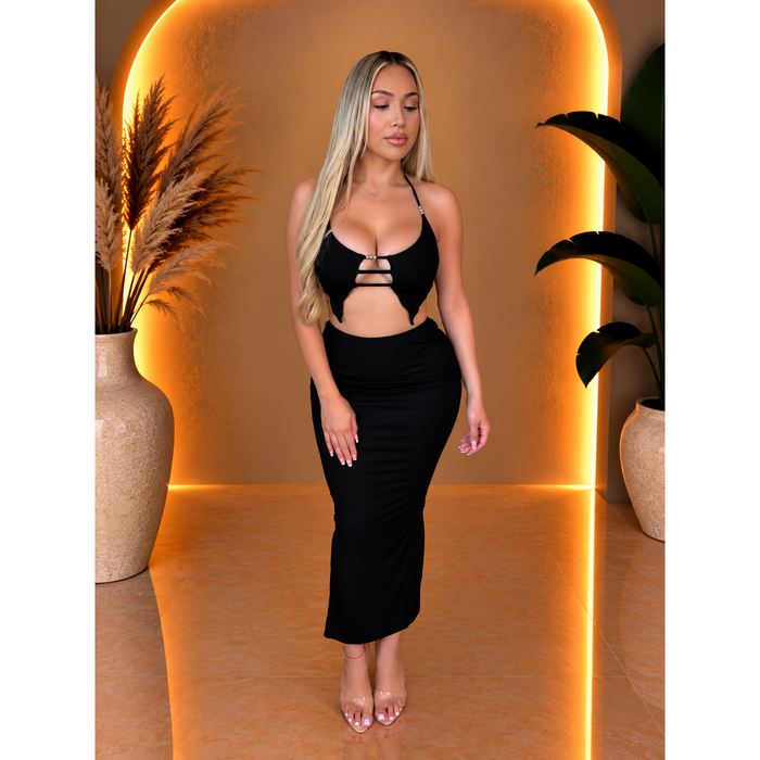Denise 2 Piece Long Skirt Set W Halter Beed Top (Black)
