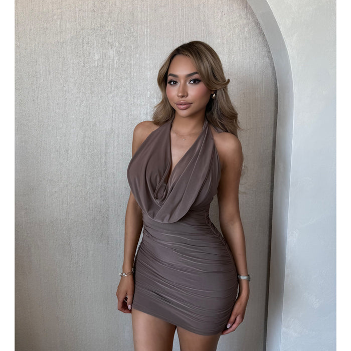 Riley Sleeveless Halter Open Back Ruched Mini Dress (Mocha)
