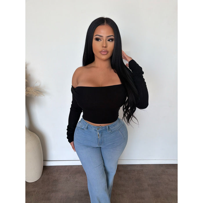 Denise Ribbed Knit Off Shoulder Long Sleeve Top (Black)
