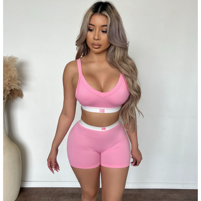 Kayliegh Wide Strap Tank Bra & Shorts Set (Pink)