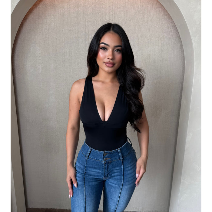 Stephanie Deep V Neck Bodysuit (Black)