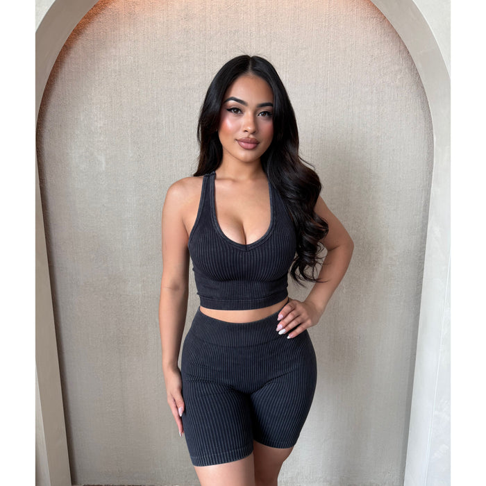 Heather Washed Matching Shorts Set (Washed Black)