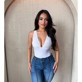 Stephanie Deep V Neck Bodysuit (White)
