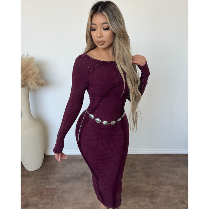Stacy Long Sleeve Open Back Midi Dress (Black Berry)