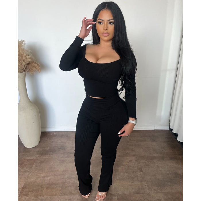 Denise Snatched Ribbed Scoop Neck Matching Set (Black)