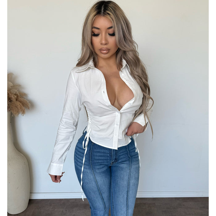 Kathy Side Shirring Stripe Shirts (White)