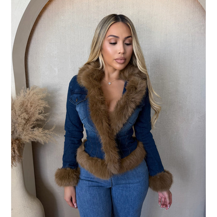 Ashley Denim Fur Trim Jacket (Denim)