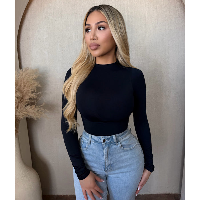 Ela Mock Neck Long Sleeve Bodysuit (Black)