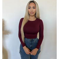 Sarah Round Neck Long Sleeve Top (Burgundy)