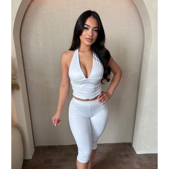 Leyla Sleeveless Halter Open Back Crop Top (Off White)