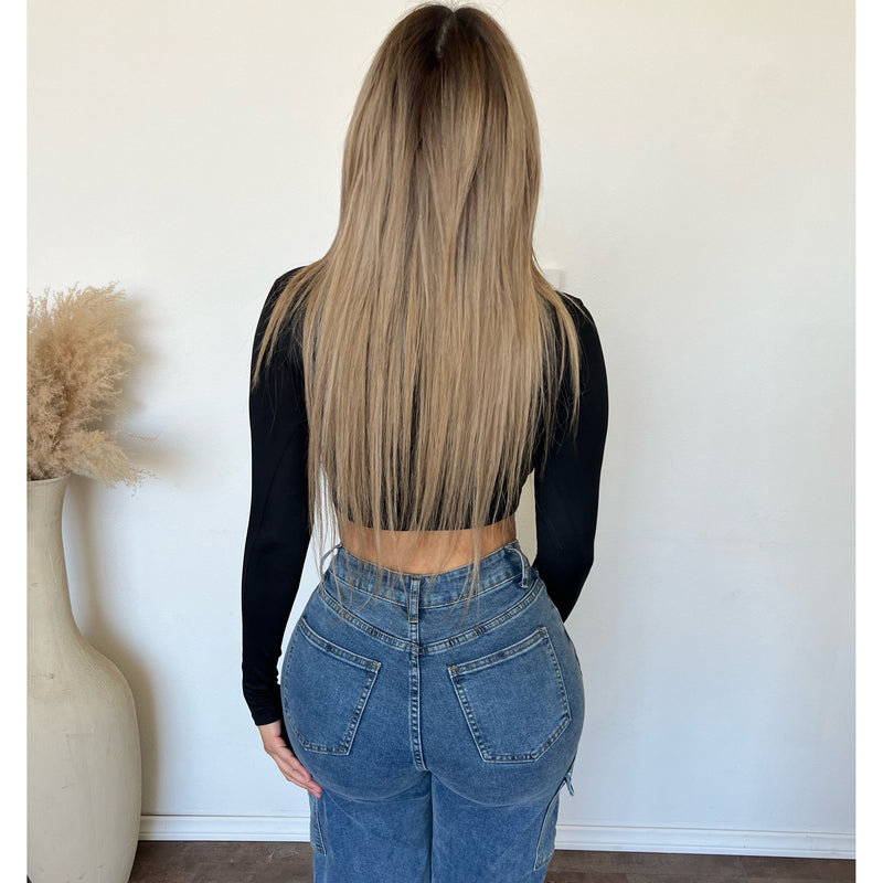 Ally Long Sleeve Square Neck Crop Top (Black)