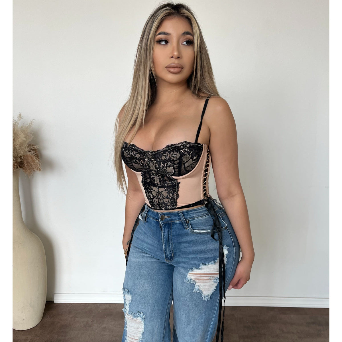 Andrea Mesh Cami Top (Black/Nude)