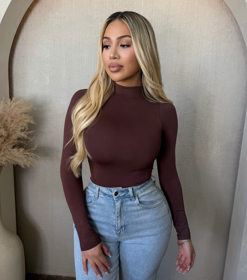Ela Mock Neck Long Sleeve Bodysuit (Brown)