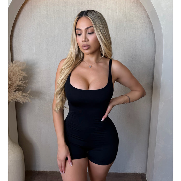 Daniella Deep Neck Tank Romper (Black)