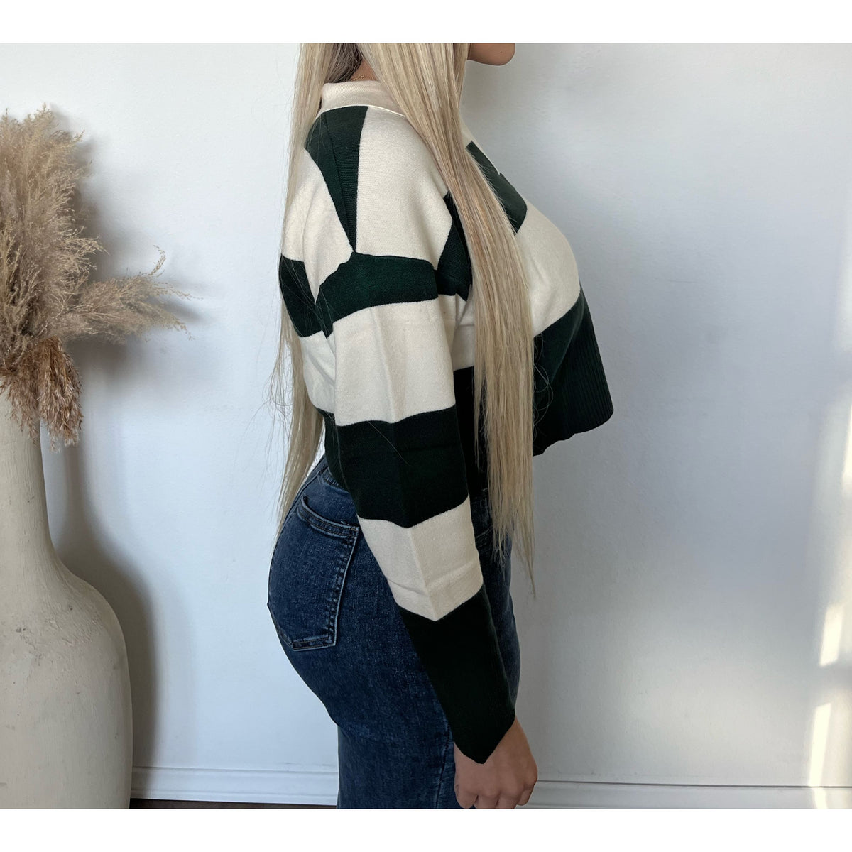 Crissy Striped Polo Sweater (Hunter Green/Ivory)