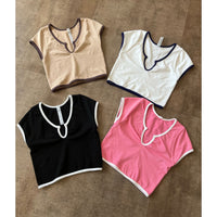 Anissa Contrast Binding Short Sleeve Top (Pink)