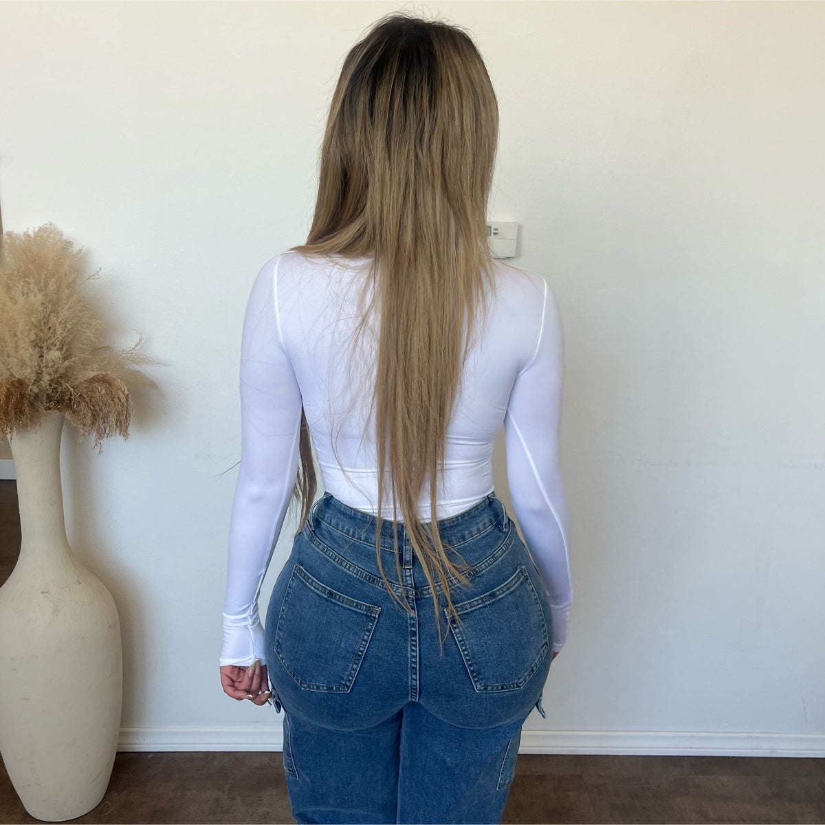 Marissa Deep V Neck Long Sleeve Bodysuit (White)